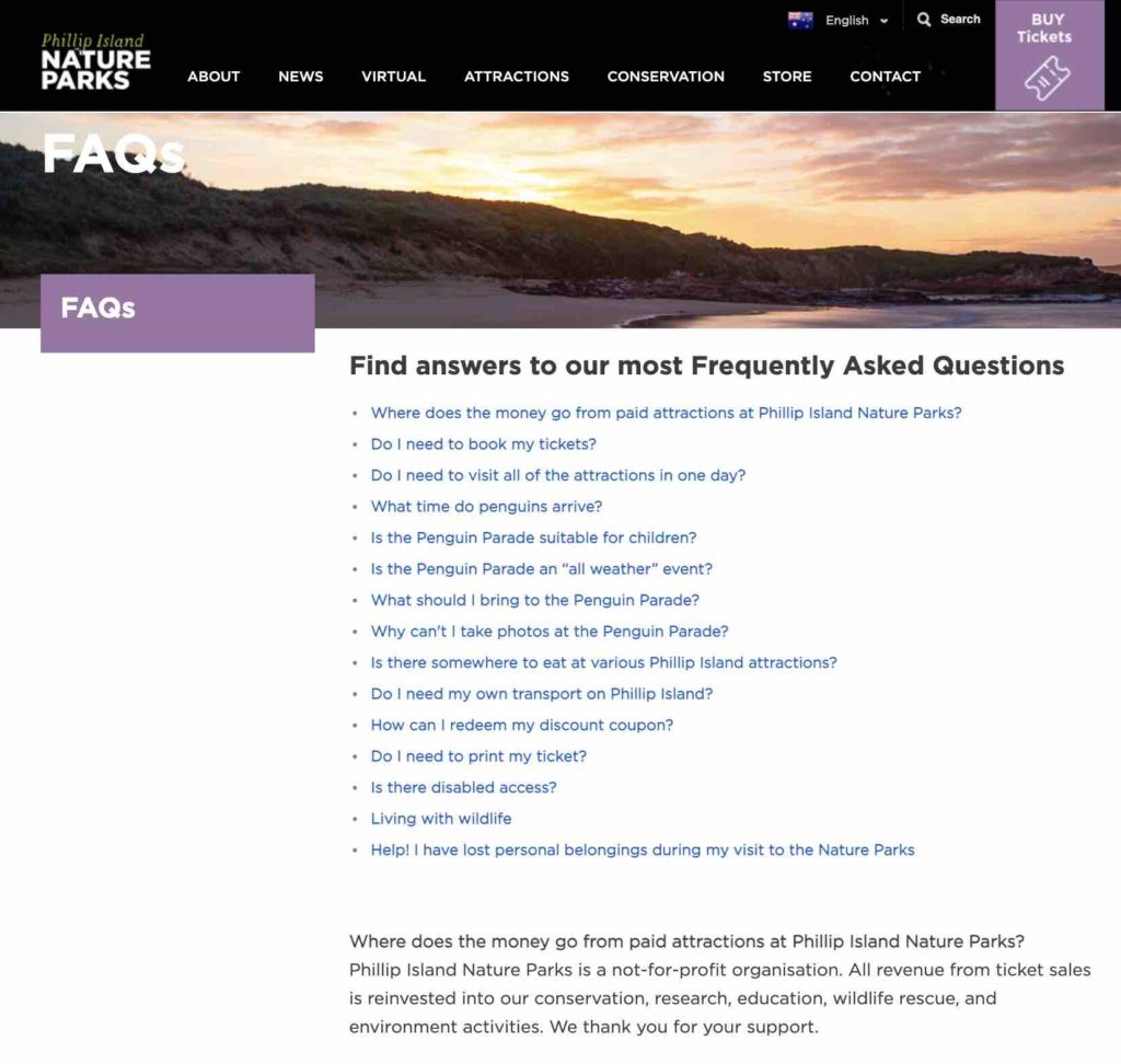 Screenshot of the FAQ page from Philip Island Nature Parks (attraction)