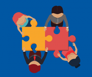 Graphic depicting a team around a jigsaw puzzle