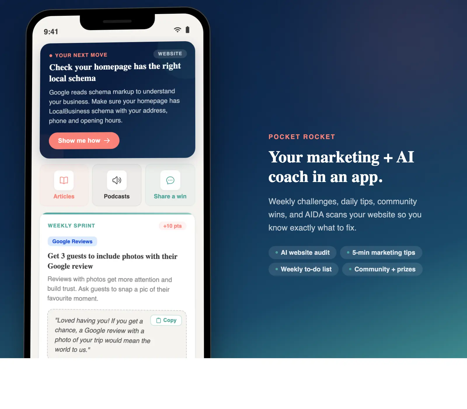 Pocket Rocket app showing weekly marketing tasks and AI website audit