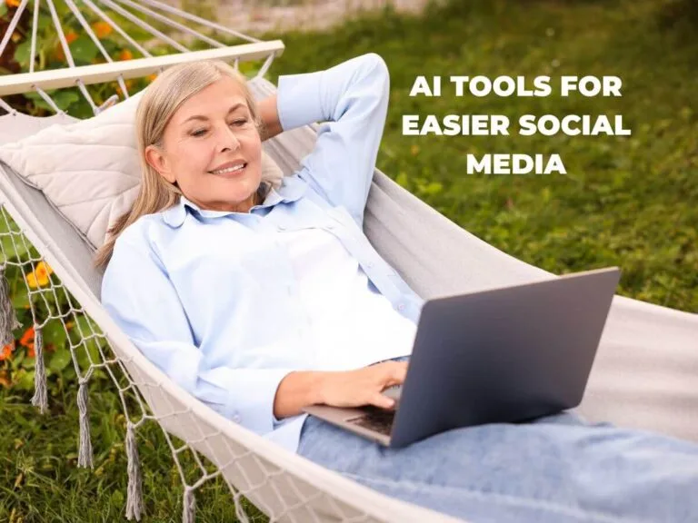 Woman relaxing in hammock with laptop, text overlay about AI tools for social media.