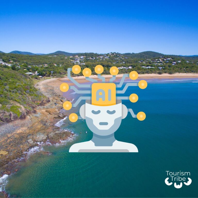 1770/Agnes Water Qld coastline in background behind graphic of human head depicting AI