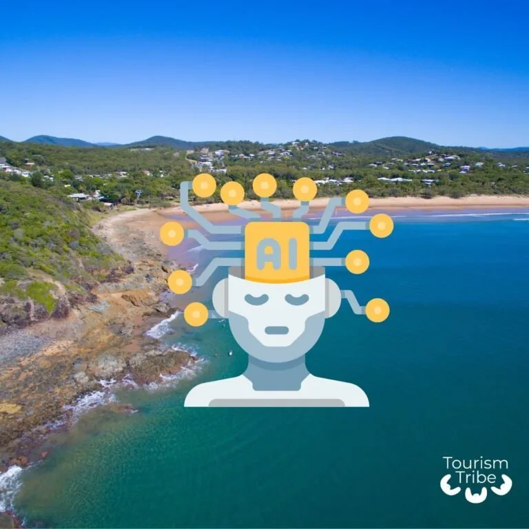 AI icon with connected nodes overlaid on coastal Australian beach and hinterland landscape.