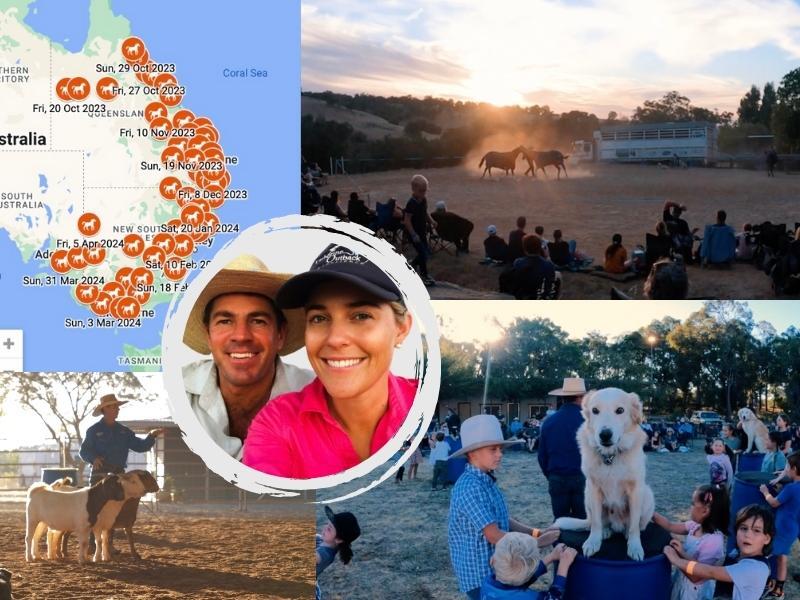 Four images - a map of tour locations, horses in a dusty yard, a man with two calves, a dog sitting on a table beside kids, and Annabel and Tom Curtain in the centre.