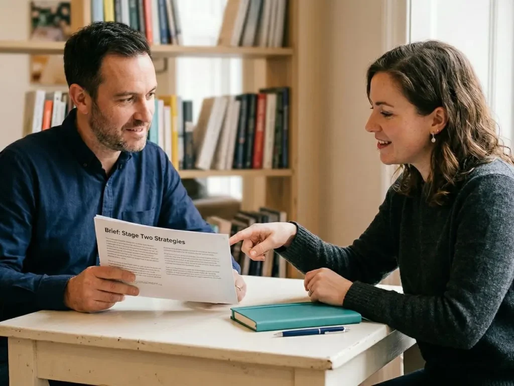 Two people discussing a strategy project.