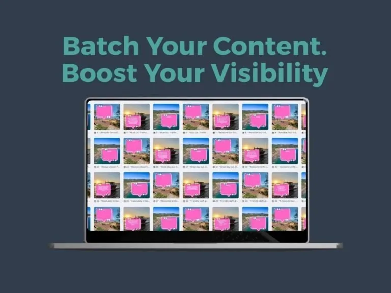 Laptop screen showing grid of regional Australian landscape photos with pink text overlays for batch social media scheduling.