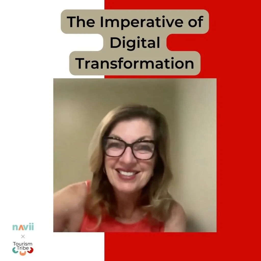 Woman wearing glasses and red top smiling, with "The Imperative of Digital Transformation" text overlay.
