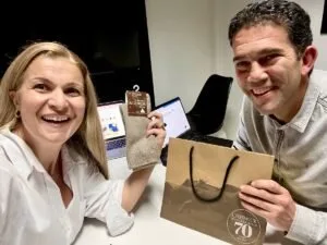 Despi with Boaz from Creswick Wool after coaching session