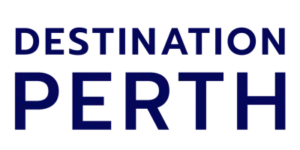 Destination Perth logo in dark blue text on white background.