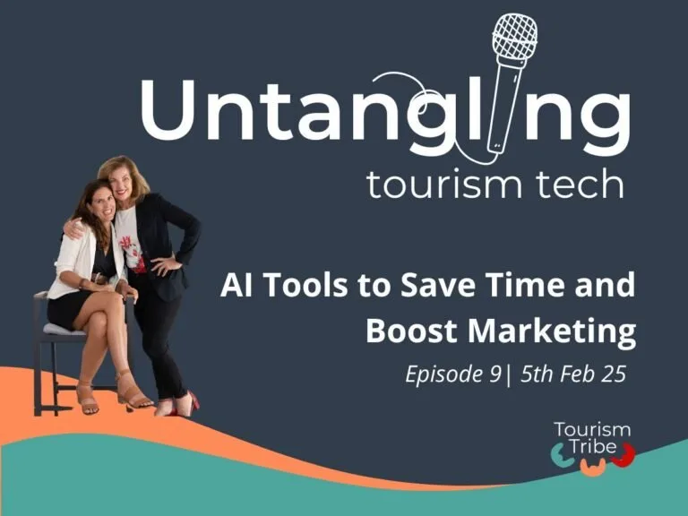Fab and Liz seated on chair promoting Untangling tourism tech podcast episode about AI tools.
