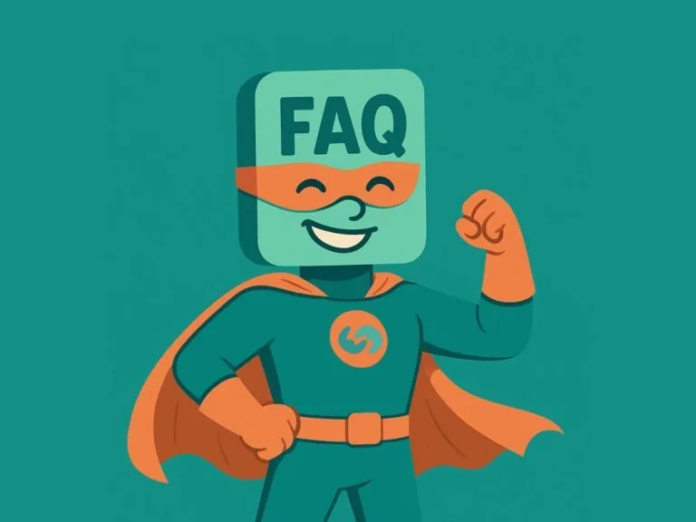 Cartoon superhero character with FAQ sign for head, fist raised.