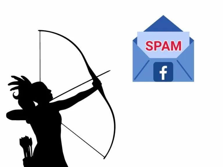 Silhouette of archer aiming bow and arrow at envelope marked spam with Facebook logo.