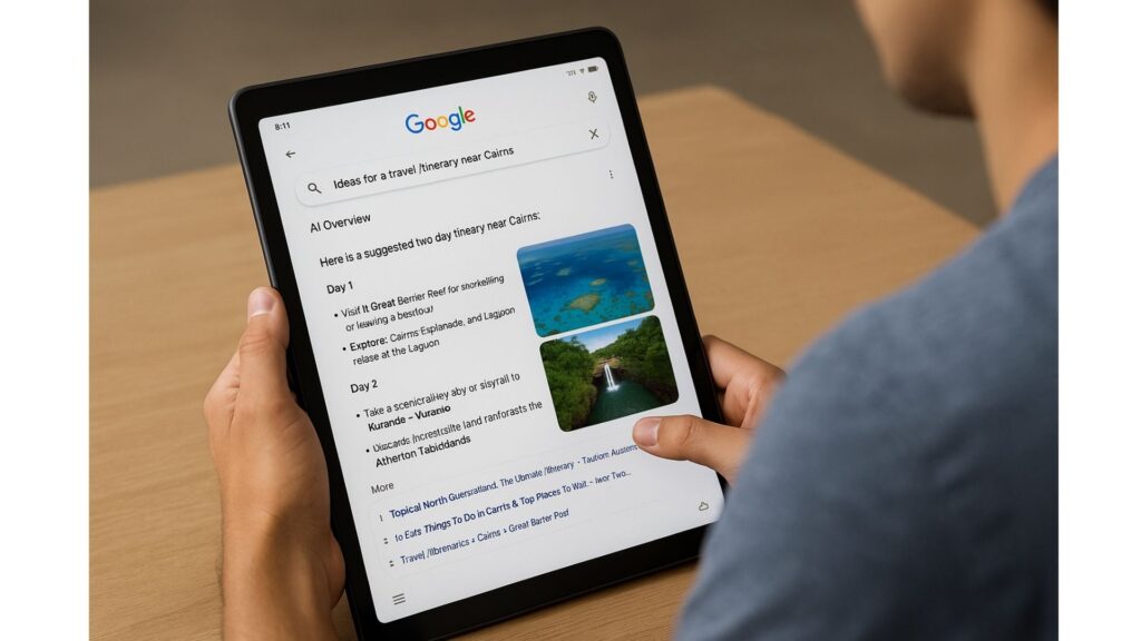 User of tablet searching in Google AI mode for ideas for visiting Cairns (AI generated image)