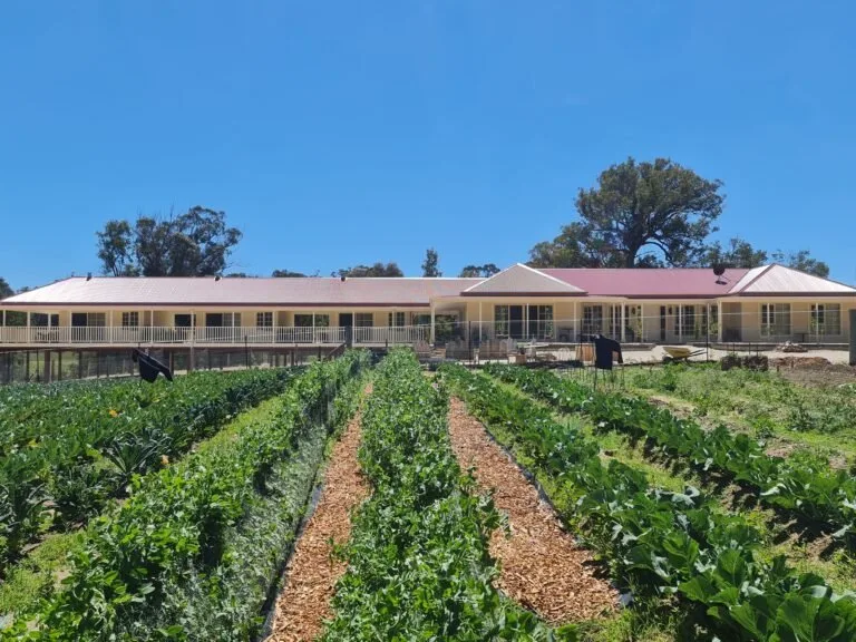 Rural property with vegetable garden rows in foreground and cream-coloured house with pink roof.