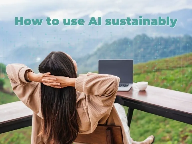 Person relaxed at outdoor desk with laptop overlooking rural landscape and AI graphic overlay.