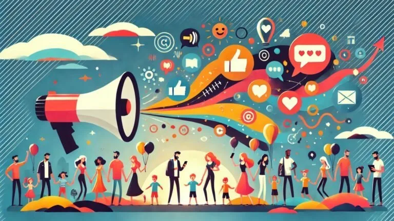 Megaphone bursting with social media icons above diverse crowd of people.