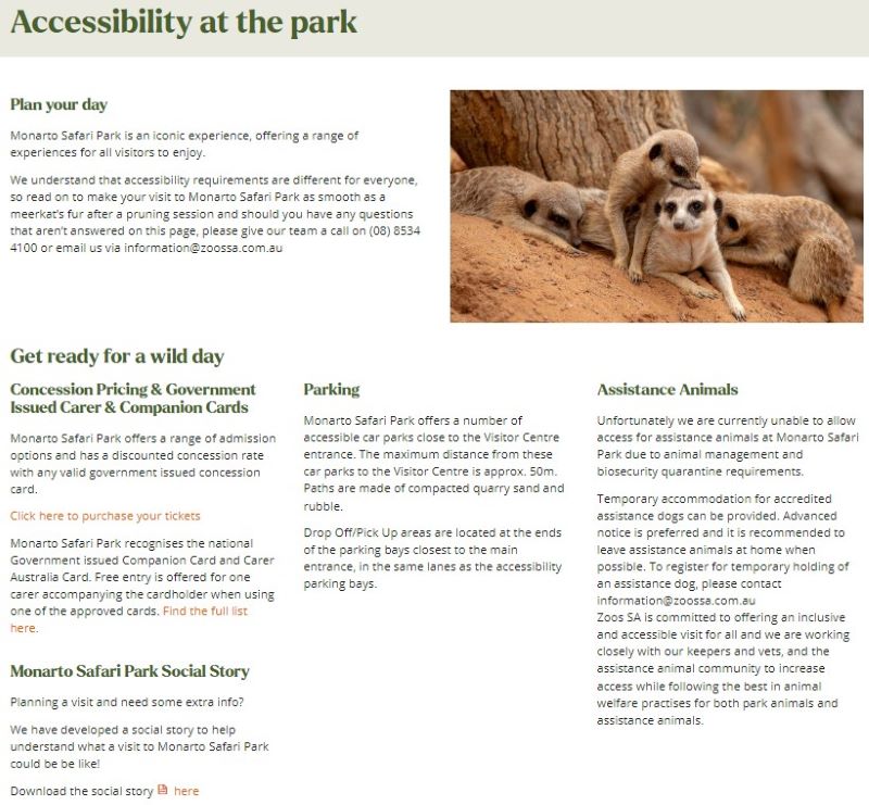 Accessibility webpage with headings such as assistance animals, plan your day and parking