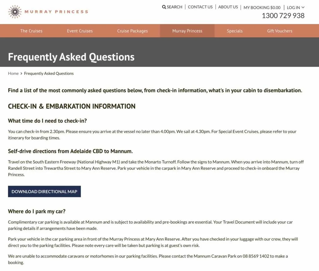 Screenshot of the FAQ page on Murray Princess Cruises (tour)