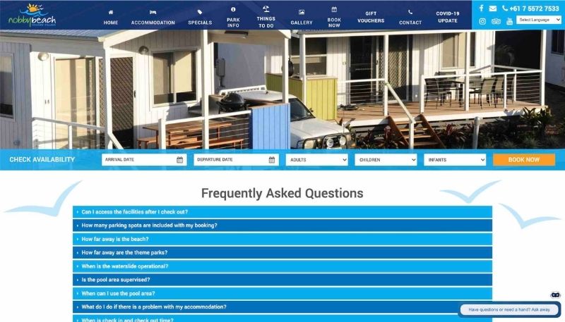 Screenshot of the FAQ page from Nobby Beach Holiday Village (accommodation)