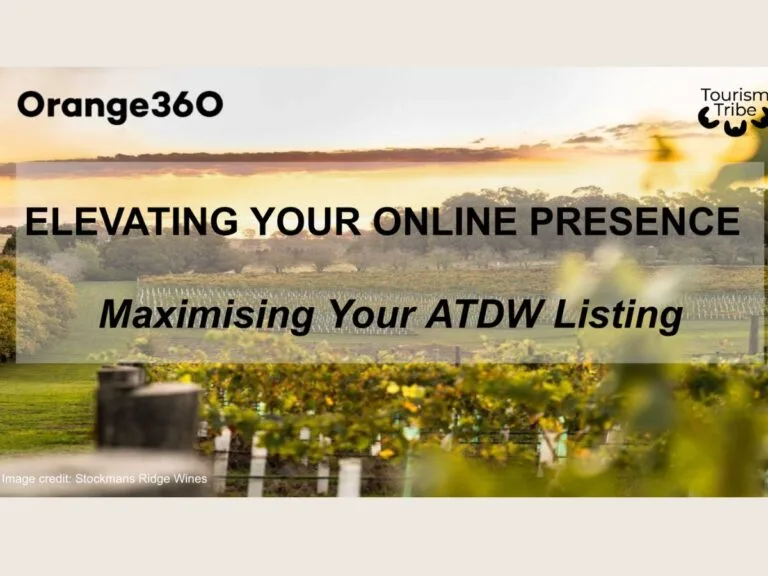 Orange360 workshop cover: vineyard at sunrise with text about elevating online presence and maximising ATDW listings.