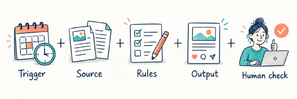 Every automated task needs a trigger to know when to start, the sources to find information, rules to keep it on track and in check, the outputs it should create, and a final human check after it runs.