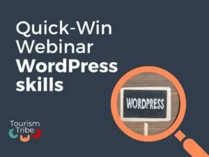 Quick-Win Webinar WordPress skills promotional graphic with magnifying glass icon.