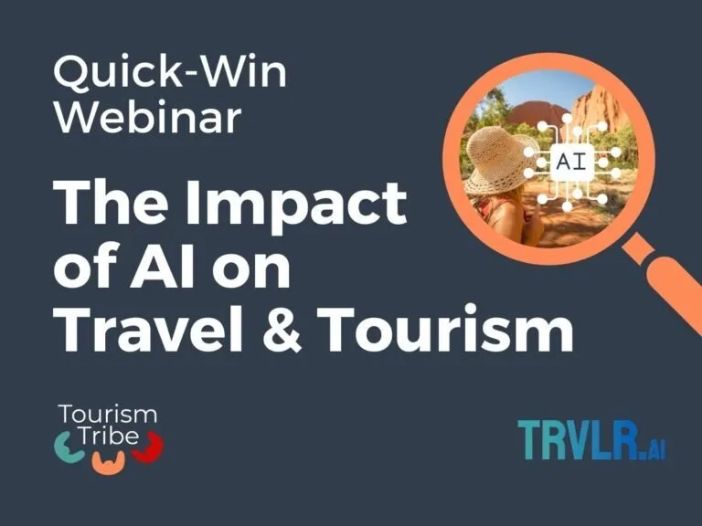 Quick-Win Webinar promotional slide on AI impact for tourism operators.