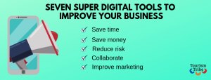 Graphic saying Seven Super Digital Tools to Improve Your bBusines: Save time, save money, reduce risk, collaborate, improve marketing