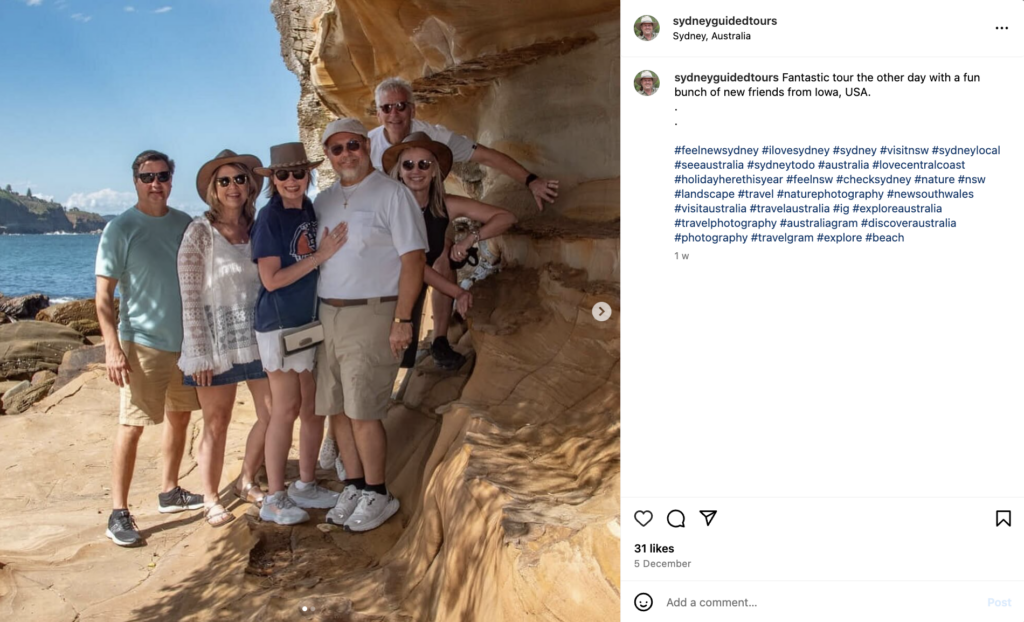 Sydney Guided Tours instagram post with picture of guests from the USA