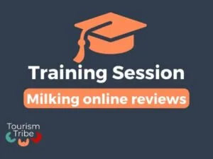 Training session title slide on milking online reviews for tourism operators.