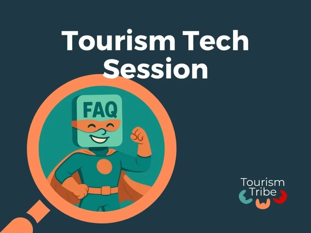 Tourism Tech Session graphic featuring cartoon superhero character with FAQ label.