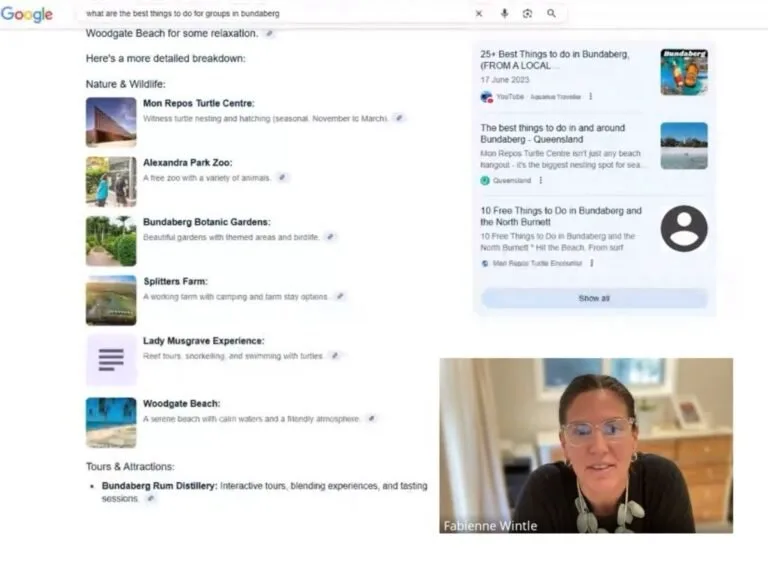 Google search results for things to do in Bundaberg, Queensland with attractions listed.