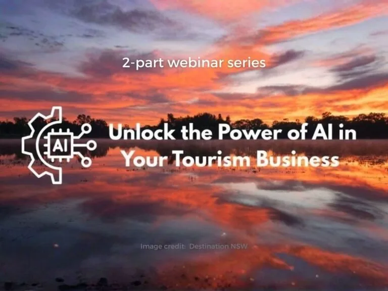 Webinar promo overlaid on NSW wetland sunset showing AI icon and text.