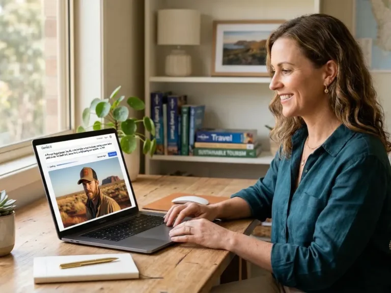 Woman at her desk using AI to generate images for her tourism business.