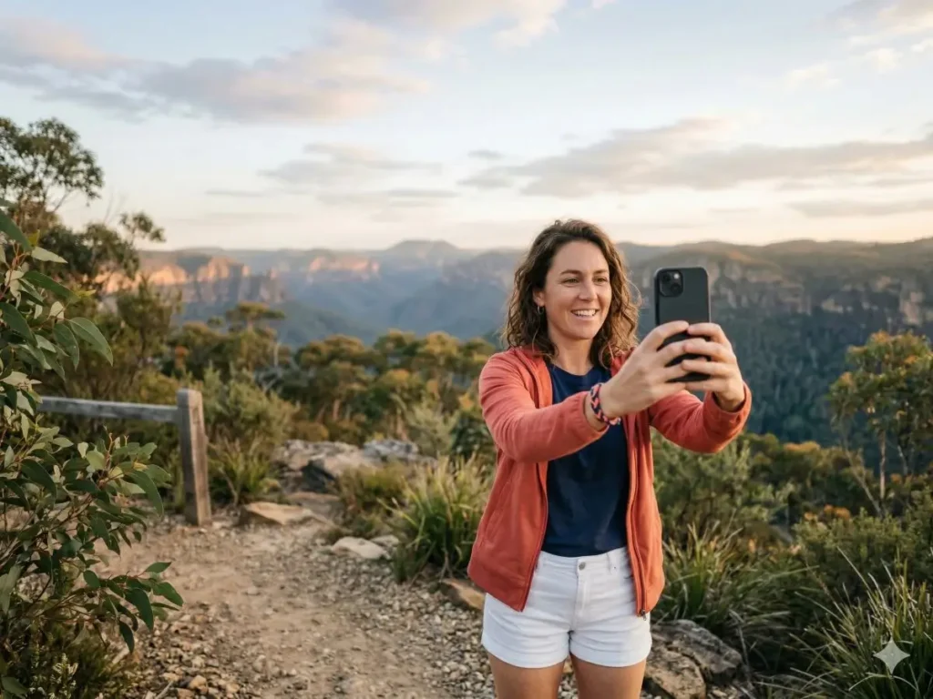 Woman at a lookout filming herself using her phone.