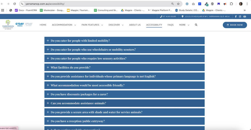 Picture showing accessibility FAQs in a tourism website