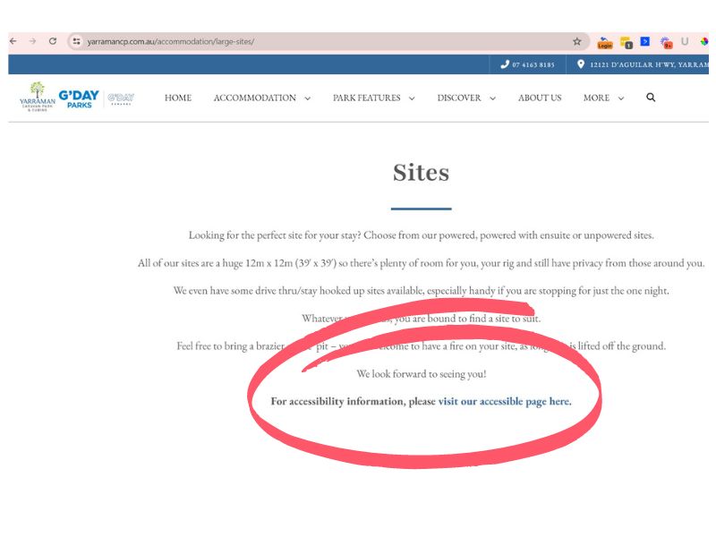 A link to the accessibility page is included on the campsites product page of a caravan park website.