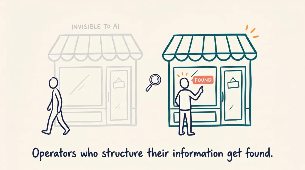 Cartoon of a shop greyed out and invisible to AI beside a colourful shop marked found