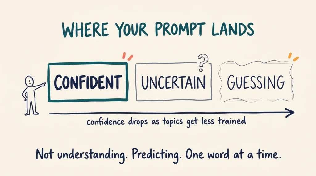 Hand-drawn diagram showing AI answer confidence moving from confident to uncertain to guessing