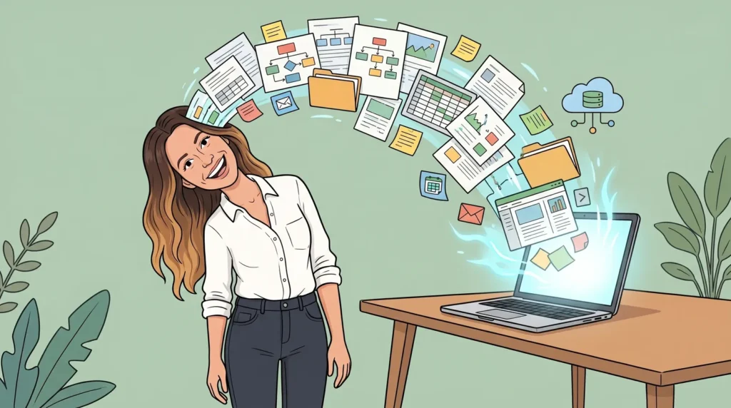 Illustration of documents and data flowing from a smiling woman into a glowing laptop