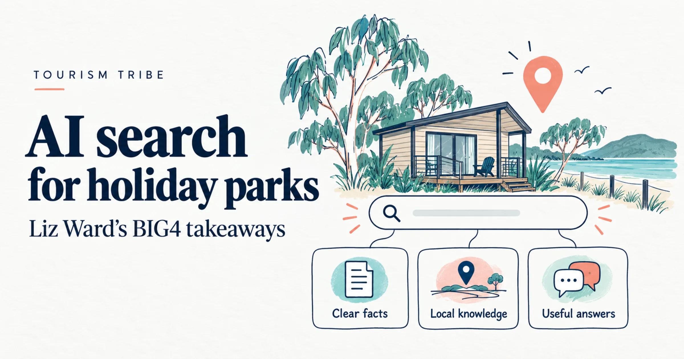 Illustrated holiday cabin with cards highlighting clear facts, local knowledge and useful answers