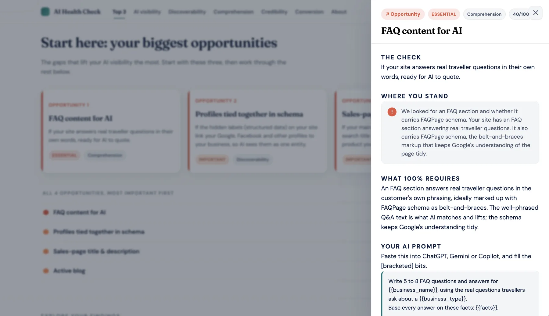 AI Digital Health Check report finding detail panel for FAQ content for AI, showing what was checked, where the business stands, and a ready to paste AI prompt
