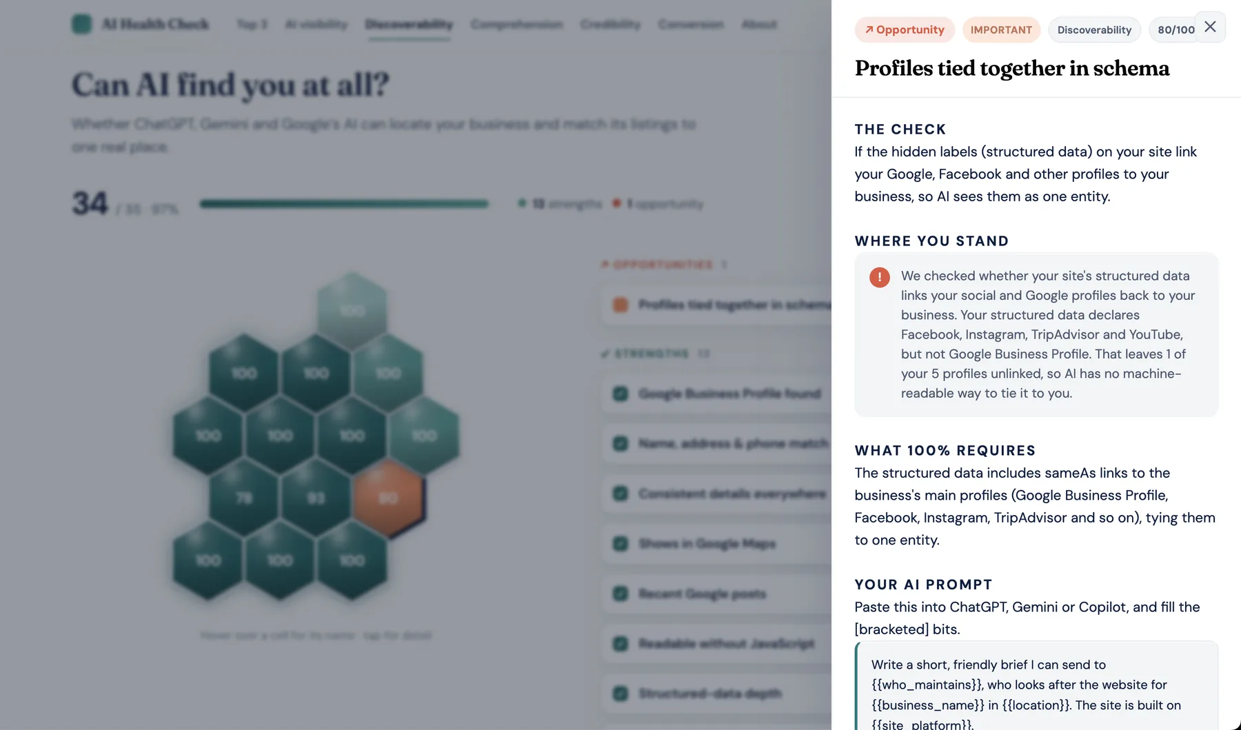 AI Digital Health Check report honeycomb map of discoverability checks with a finding detail panel open for profiles tied together in schema