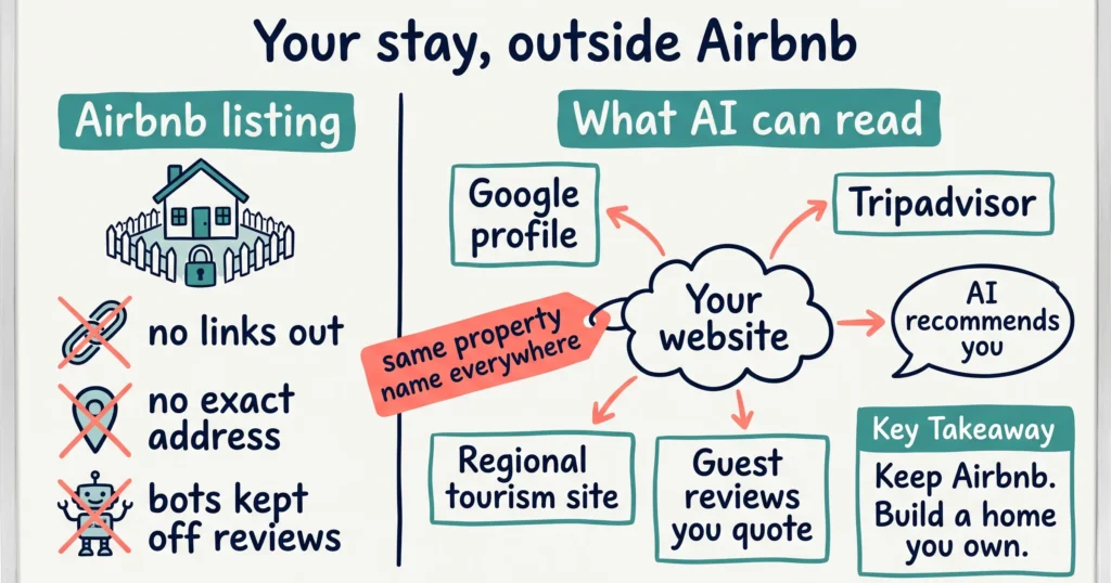 Whiteboard sketch comparing an Airbnb listing's limits with a host website AI tools can read