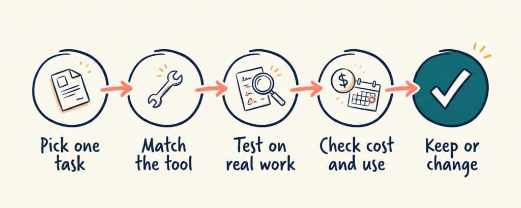AI-generated illustration: hand-drawn five-step diagram reading pick one task, match the tool, test on real work, check cost and use, keep or change.