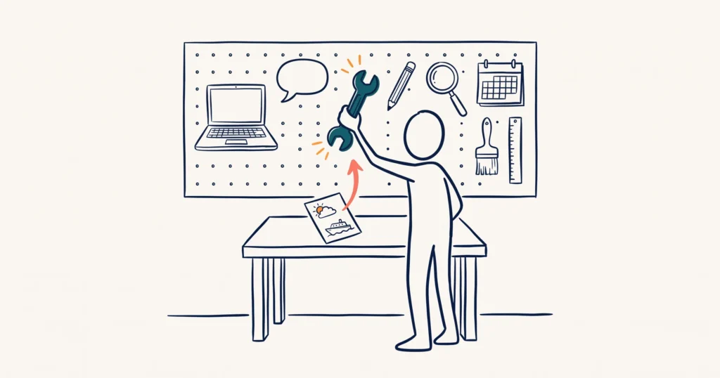 AI-generated illustration: a stick-figure tourism operator takes one spanner from a pegboard of tools, with a tour job card on the bench.