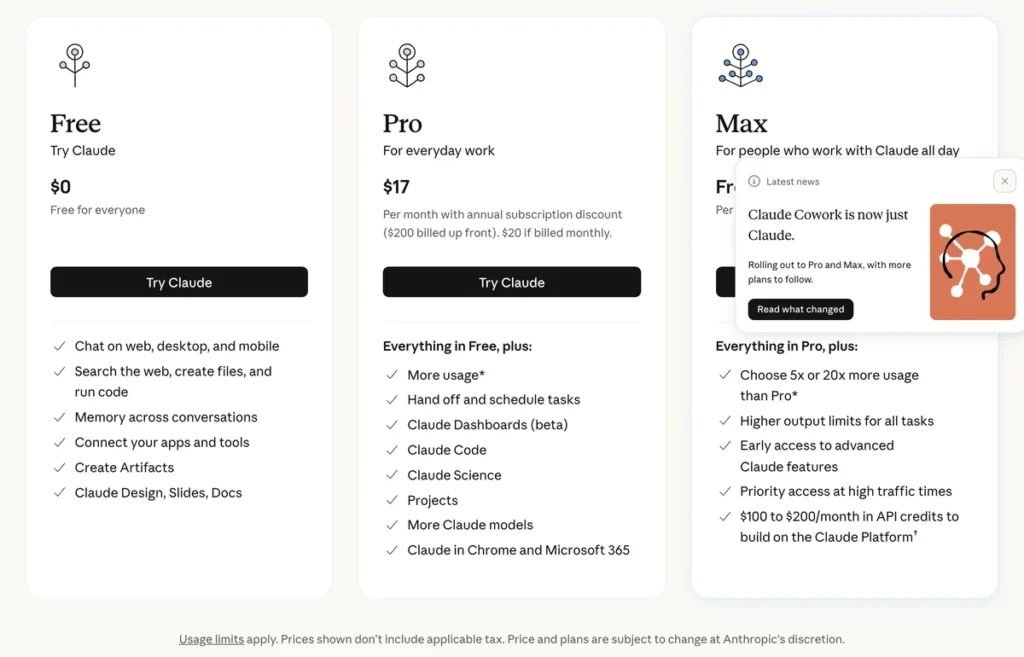 Screenshot of Anthropic's Claude pricing page showing Free, Pro and Max plans, with a footnote saying usage limits apply and price and plans are subject to change.