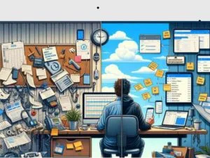 Person at desk surrounded by digital tools, schedules, and sticky notes for automation.
