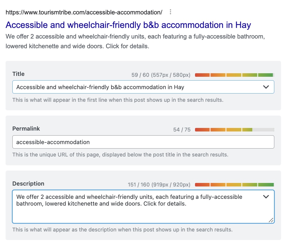 Great example of accommodation business in Hay having optimised their page title and description for accessibility using the Yoast SEO plugin.