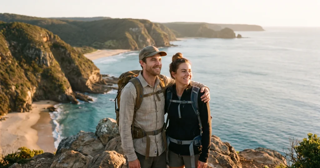 Visitors exploring a scenic tourism destination and natural attraction