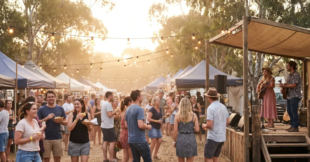 Visitors enjoying an outdoor tourism festival with market stalls and activities